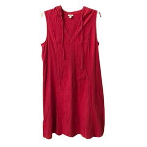 J JILL SIZE LARGE RASPBERRY PINK SLEEVELESS HOODED CRINKLE COTTON DRESS